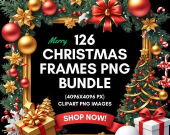 126 Christmas Frames PNG Clipart Bundle | Xmas Holiday Borders | Empty Photo Frame PNG Set.