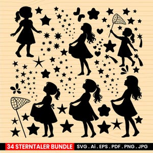 May include: A collection of black silhouette graphics featuring children, stars, butterflies, and hearts. Some children are holding up their dresses, while others are using a net. The text "34 STERNTALER BUNDLE" is at the bottom, along with file type abbreviations.