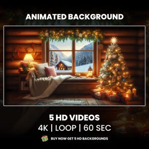 Könnte beinhalten: Ein gemütliches Weihnachtsbild mit einem geschmückten Baum, Kerzen und Geschenken. Das Bild zeigt ein Fenster mit Blick auf eine verschneite Berglandschaft und den Text "ANIMATED BACKGROUND". Der Text "5 HD VIDEOS 4K | LOOP | 60 SEC" ist ebenfalls enthalten.