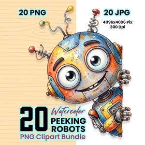 Könnte beinhalten: Eine Aquarellillustration eines hervorlugenden Roboters mit großen Augen, Antennen und einem verwitterten orange-blauen Finish. Der Text enthält 20 PNG, 20 JPG, 4096x4096 Pix, 300 Dpi und 20 Watercolor Peeking Robots PNG Clipart Bundle.