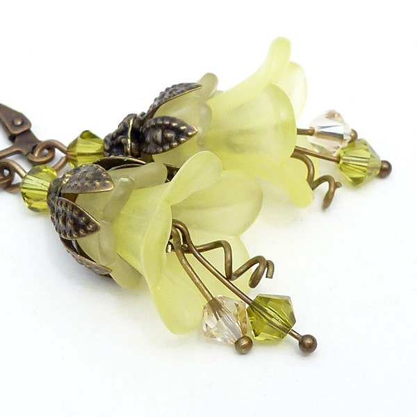 Yellow flower earrings Pale yellow flower dangle earrings Lucite flower earrings Yellow earrings