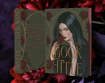 Può includere: Una copertina di libro con una persona dai capelli scuri che tiene in mano una rosa rossa, circondata da viticci spinosi e rose rosse su uno sfondo verde tenue. La copertina riporta il testo "YOUR NAME" e "BOOK TITLE" in lettere dorate.