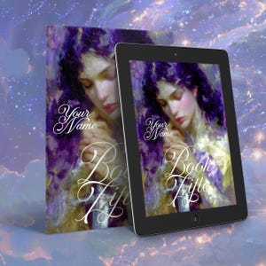 May include: A book cover and a tablet display a painting of a woman with dark hair and a purple and gold color scheme. The book cover and tablet display the text "Your Name" and "Book Title" in elegant script.