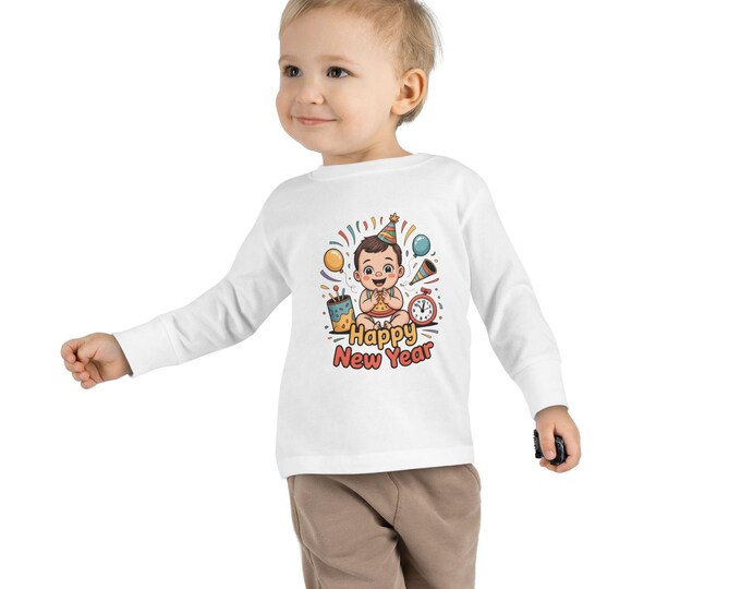 Happy New Year Toddler Long Sleeve Tee, Baby Shirt, Holiday Clothing, Kids New Year's Outfit, Toddler Party Wear, Seasonal Gift