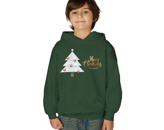 Christmas Youth Hoodie with Tree Design, Holiday Sweatshirt, Cute Gift for Kids, Warm Winter Apparel, Festive Cozy Wear