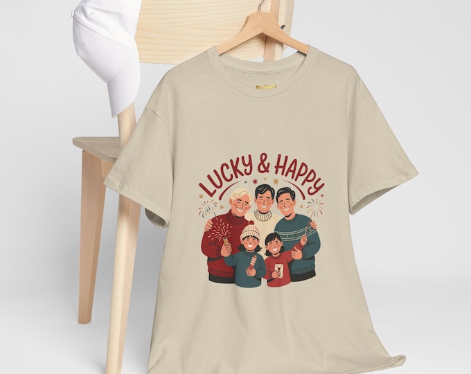 Christmas and Lucky & Happy Family Unisex Tee, Gift for Family Gatherings, Holiday Apparel, Cute Family T-Shirt, Comfortable Cotton Shirt