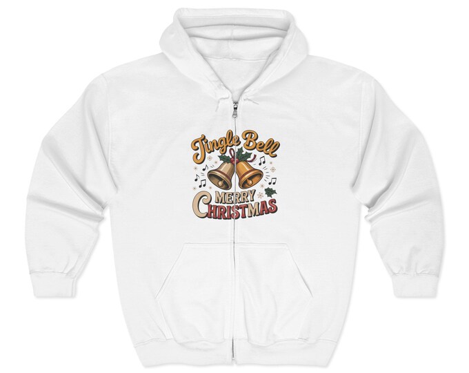 Jingle Bells Christmas Hoodie, Cozy Holiday Sweatshirt, Unisex Zip-Up, Festive Winter Wear, Perfect Christmas Gift