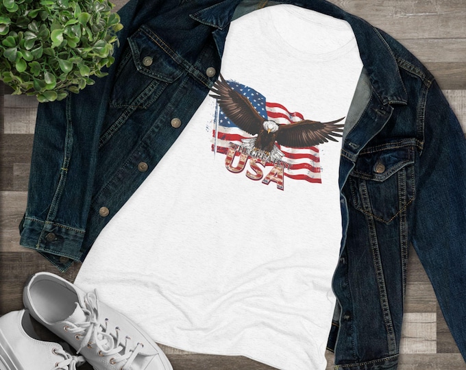 Patriotic Eagle Women's Triblend Tee, USA Graphic Shirt, Casual Summer Top, Memorial Day Apparel, Fourth of July T-Shirt, Gift for Her
