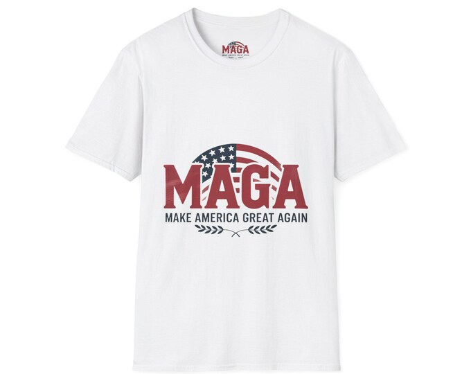 MAGA Unisex Softstyle T-Shirt, Political Apparel, Patriotic Gift, Trump Merchandise, Election Support Tee, 4th of July Shirt