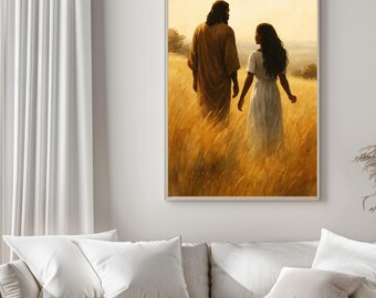 Graceful Walk With Christ Wall Art Gift, Inspirational Jesus And Girl Print, Faith Home Decor Canvas, Peaceful Christian Wall Artwork