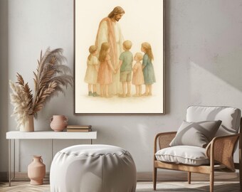 Watercolor Jesus With Children Art Print, Christian Home Decor, Faith Inspired Artwork