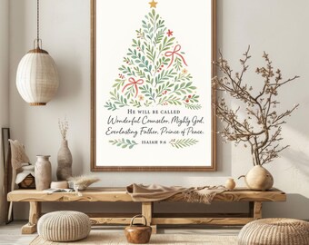 Christmas Bible Verse Wall Art, Isaiah 9:6 Print, Christian Holiday Decor