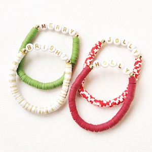 Personalized Christmas Clay Bead Bracelet: Holiday Name Gift, Candy Cane Bead, Heishi Stack