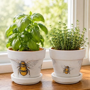 May include: Two white terracotta plant pots with matching saucers, each featuring a detailed illustration of a bumblebee. The left pot contains a vibrant green basil plant, while the right pot holds a small, bushy green thyme herb plant.