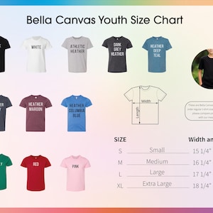 K&ouml;nnte beinhalten: Gr&ouml;&szlig;entabelle f&uuml;r Bella Canvas Jugend-T-Shirts. Die Tabelle zeigt T-Shirts in verschiedenen Farben, darunter Schwarz, Wei&szlig; und Grau. Die Ma&szlig;e sind in Zoll f&uuml;r die Gr&ouml;&szlig;en S bis XL angegeben. Eine Skizze zeigt Breite und L&auml;nge.