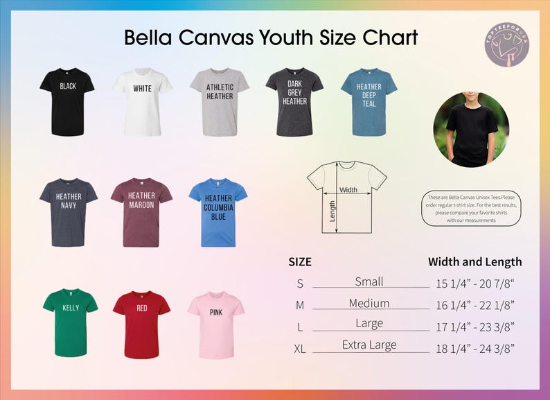 K&ouml;nnte beinhalten: Gr&ouml;&szlig;entabelle f&uuml;r Bella Canvas Jugend-T-Shirts. Die Tabelle zeigt T-Shirts in verschiedenen Farben, darunter Schwarz, Wei&szlig; und Grau. Die Ma&szlig;e sind in Zoll f&uuml;r die Gr&ouml;&szlig;en S bis XL angegeben. Eine Skizze zeigt Breite und L&auml;nge.