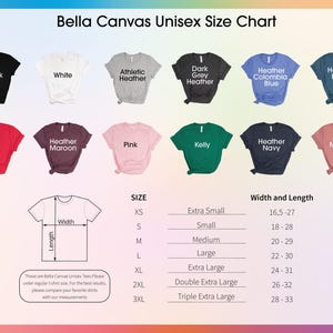 K&ouml;nnte beinhalten: Eine Gr&ouml;&szlig;entabelle f&uuml;r Unisex-T-Shirts von Bella Canvas, die verschiedene Farben wie Schwarz, Wei&szlig; und Rot zeigt. Die Tabelle enth&auml;lt Gr&ouml;&szlig;en von XS bis 3XL mit Breiten- und L&auml;ngenma&szlig;en in Zentimetern. Der Text lautet "Bella Canvas Unisex Size Chart."
