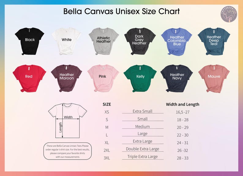 K&ouml;nnte beinhalten: Eine Gr&ouml;&szlig;entabelle f&uuml;r Unisex-T-Shirts von Bella Canvas, die verschiedene Farben wie Schwarz, Wei&szlig; und Rot zeigt. Die Tabelle enth&auml;lt Gr&ouml;&szlig;en von XS bis 3XL mit Breiten- und L&auml;ngenma&szlig;en in Zentimetern. Der Text lautet "Bella Canvas Unisex Size Chart."