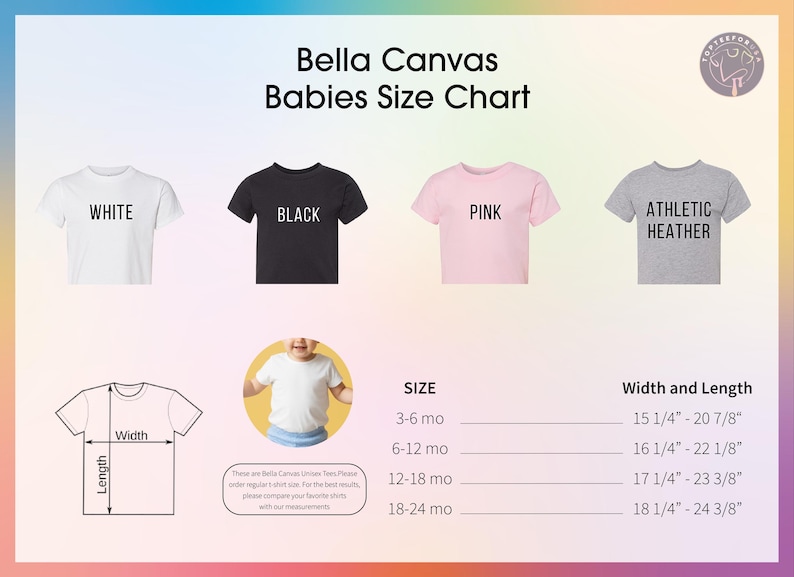 K&ouml;nnte beinhalten: Gr&ouml;&szlig;entabelle f&uuml;r Baby-T-Shirts von Bella Canvas. Die Tabelle zeigt T-Shirts in Wei&szlig;, Schwarz, Pink und Athletic Heather. Ma&szlig;e f&uuml;r die Gr&ouml;&szlig;en 3-6 Monate, 6-12 Monate, 12-18 Monate und 18-24 Monate. Ma&szlig;e in cm.