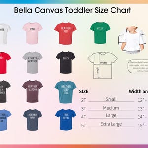 The image is a toddler size chart for t-shirts, displaying various sizes and colors of t-shirts for different age groups.