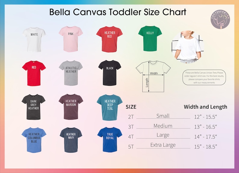 The image is a toddler size chart for t-shirts, displaying various sizes and colors of t-shirts for different age groups.