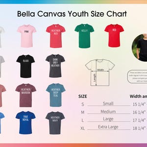 The image is a youth size chart for t-shirts, displaying various colors and sizes of t-shirts along with their corresponding width and length measurements.