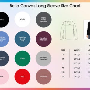 K&ouml;nnte beinhalten: Gr&ouml;&szlig;entabelle f&uuml;r lang&auml;rmlige Bella Canvas-Shirts. Farben sind Schwarz, Wei&szlig; und Grau meliert. Die Tabelle zeigt die Ma&szlig;e f&uuml;r die Gr&ouml;&szlig;en S bis 3XL, mit Breiten von 47 cm bis 72 cm und L&auml;ngen von 72 cm bis 85 cm.