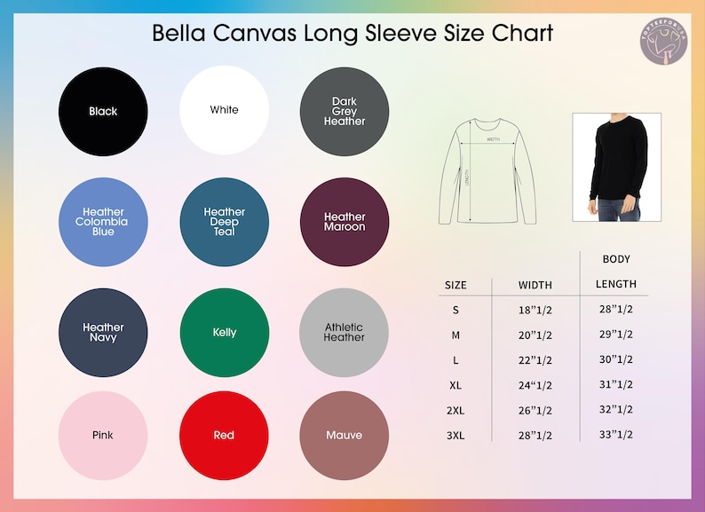 K&ouml;nnte beinhalten: Gr&ouml;&szlig;entabelle f&uuml;r lang&auml;rmlige Bella Canvas-Shirts. Farben sind Schwarz, Wei&szlig; und Grau meliert. Die Tabelle zeigt die Ma&szlig;e f&uuml;r die Gr&ouml;&szlig;en S bis 3XL, mit Breiten von 47 cm bis 72 cm und L&auml;ngen von 72 cm bis 85 cm.