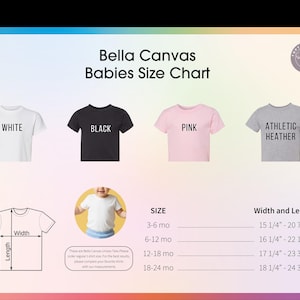 The image is a babies size chart for t-shirts, displaying different colored t-shirts and their corresponding width and length measurements.