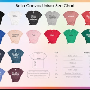 The image is a color chart of various t-shirt designs, including different colors and styles, along with their corresponding sizes and widths.
