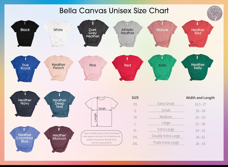 The image is a color chart of various t-shirt designs, including different colors and styles, along with their corresponding sizes and widths.