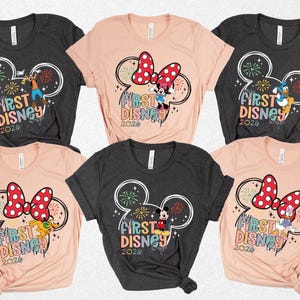 May include: A collection of six short-sleeved t-shirts in various colors, each featuring a Disney-themed graphic. The designs include Mickey Mouse ears, fireworks, and the text "First Disney Trip 2026."