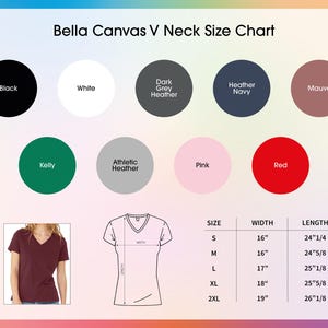 K&ouml;nnte beinhalten: Eine Bella Canvas V-Ausschnitt-Gr&ouml;&szlig;entabelle mit Farbmustern und Ma&szlig;en. Farben sind Schwarz, Wei&szlig;, Dunkelgrau-Melange, Marine-Melange, Mauve, Kelly-Gr&uuml;n, Athletic-Melange, Pink und Rot. Gr&ouml;&szlig;en von S bis 2XL, Breiten von 40.6cm bis 48.3cm und L&auml;ngen von 61.6cm bis 66.4cm.