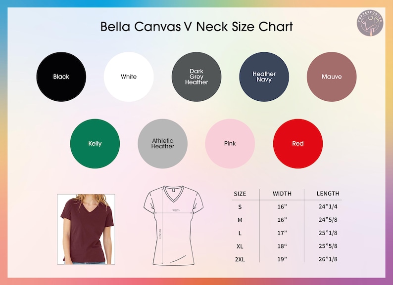 K&ouml;nnte beinhalten: Eine Bella Canvas V-Ausschnitt-Gr&ouml;&szlig;entabelle mit Farbmustern und Ma&szlig;en. Farben sind Schwarz, Wei&szlig;, Dunkelgrau-Melange, Marine-Melange, Mauve, Kelly-Gr&uuml;n, Athletic-Melange, Pink und Rot. Gr&ouml;&szlig;en von S bis 2XL, Breiten von 40.6cm bis 48.3cm und L&auml;ngen von 61.6cm bis 66.4cm.