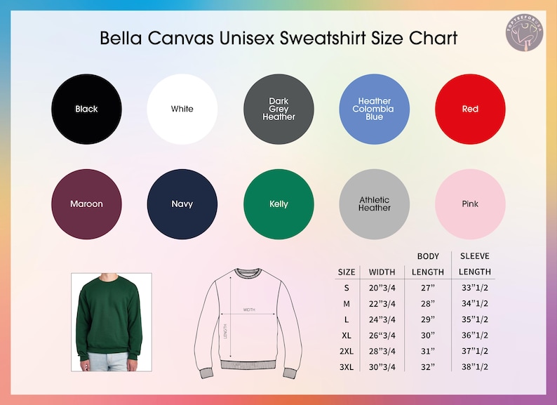 K&ouml;nnte beinhalten: Gr&ouml;&szlig;entabelle f&uuml;r Bella Canvas Unisex-Sweatshirts. Farben: Schwarz, Wei&szlig;, Dunkelgrau-Melange, Heather Columbia Blau, Rot, Bordeaux, Marine, Kelly Gr&uuml;n, Athletic Heather und Pink. Ma&szlig;e in cm f&uuml;r K&ouml;rperl&auml;nge, Breite und &Auml;rmell&auml;nge.