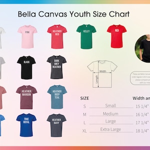 The image is a youth size chart for t-shirts, displaying various colors and sizes of t-shirts along with their corresponding width and length measurements.
