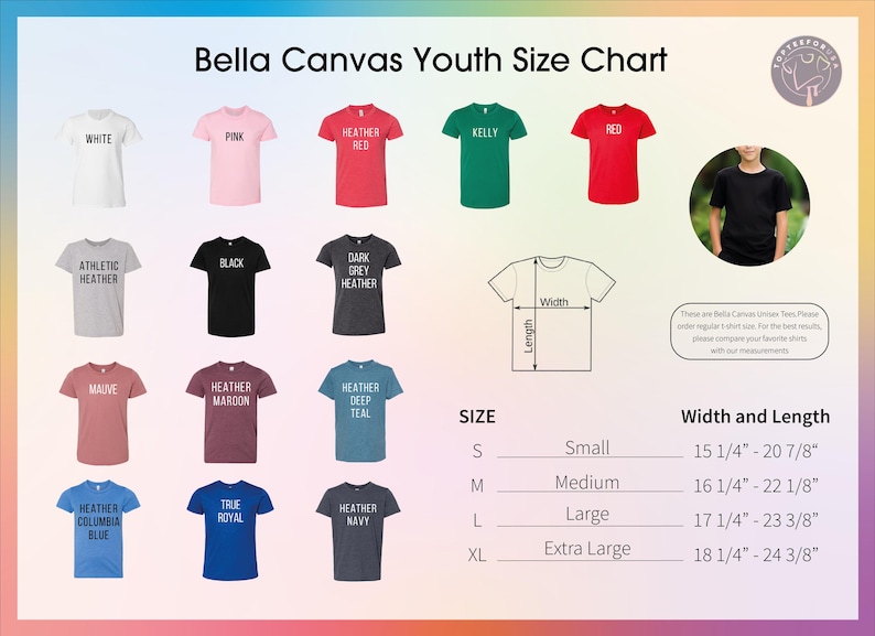 The image is a youth size chart for t-shirts, displaying various colors and sizes of t-shirts along with their corresponding width and length measurements.