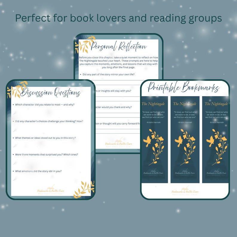 Puede incluir: Marcadores imprimibles y preguntas de discusi&oacute;n para los amantes de los libros. La imagen presenta tres marcadores con un dise&ntilde;o floral y texto de "The Nightingale". Tambi&eacute;n se incluyen preguntas de discusi&oacute;n y una p&aacute;gina de reflexi&oacute;n personal.