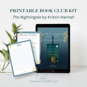 Puede incluir: Kit de club de lectura digital para "The Nightingale" de Kristin Hannah. La imagen muestra una tableta con la portada del libro y una gu&iacute;a de discusi&oacute;n, adem&aacute;s de preguntas de discusi&oacute;n y p&aacute;ginas de notas impresas.
