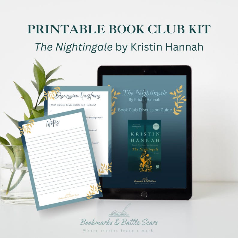 Puede incluir: Kit de club de lectura digital para "The Nightingale" de Kristin Hannah. La imagen muestra una tableta con la portada del libro y una gu&iacute;a de discusi&oacute;n, adem&aacute;s de preguntas de discusi&oacute;n y p&aacute;ginas de notas impresas.