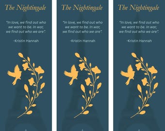May include: Three identical vertical bookmarks with a dark blue background. Each features the text The Nightingale, a quote by Kristin Hannah, a yellow bird, a floral branch, and a silhouette of the Eiffel Tower. The top reads Printable Bookmarks.