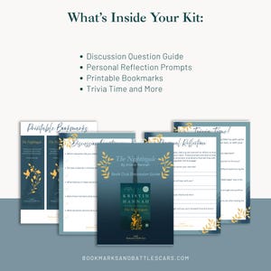 Puede incluir: Un kit para un club de lectura, con una gu&iacute;a de discusi&oacute;n, preguntas de reflexi&oacute;n personal, marcadores imprimibles y trivia. Se ve la portada de "The Nightingale" de Kristin Hannah, junto con la direcci&oacute;n del sitio web.