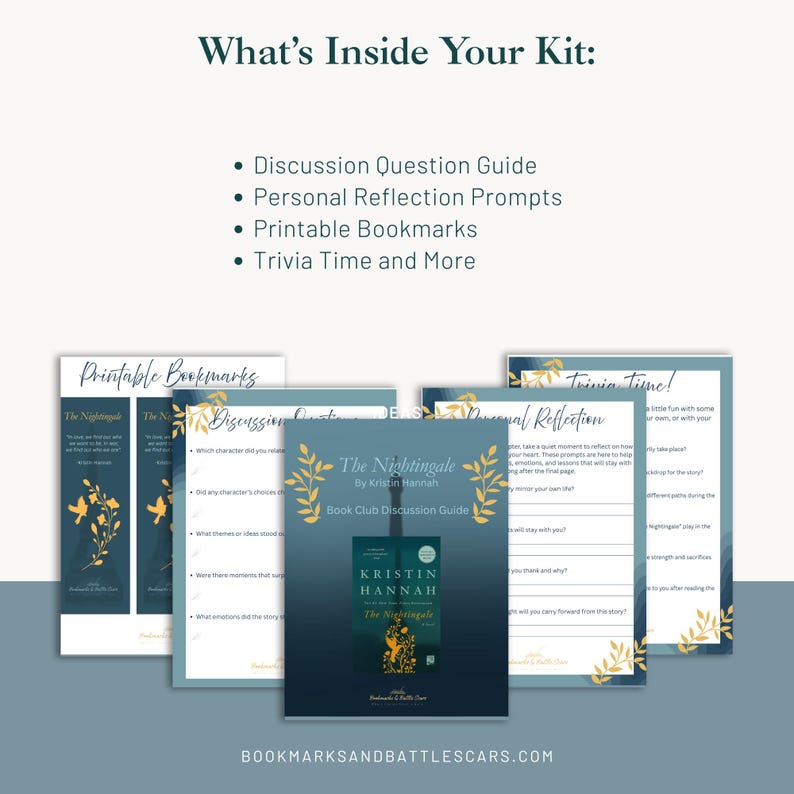 Puede incluir: Un kit para un club de lectura, con una gu&iacute;a de discusi&oacute;n, preguntas de reflexi&oacute;n personal, marcadores imprimibles y trivia. Se ve la portada de "The Nightingale" de Kristin Hannah, junto con la direcci&oacute;n del sitio web.