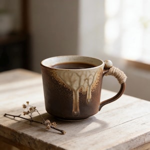 May include: A brown ceramic mug filled with dark liquid, possibly coffee. The mug has a unique design with a dripped glaze effect in cream and brown tones. The handle is wrapped with twine, and a small decorative element is attached.