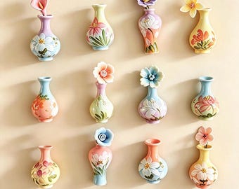 Floral Hand-Painted Ceramic Vase Magnet | Handmade Fridge Flower Holder | Unique Pottery Decor | Mystery Set