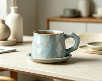 Handmade Wabi-Sabi Ceramic Mug with Saucer, Pottery Gift for Coffee Lovers
