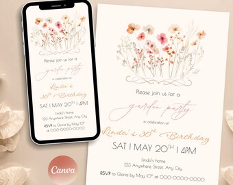 May include: A garden party invitation on a smartphone and a matching paper card. The design features watercolor flowers in shades of pink, peach, and white. The text reads "Please join us for a garden party" and details for Linda's 30th birthday.