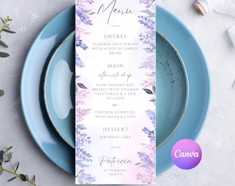 Modello di menu con fiori viola – Menù di compleanno con glicine (design modificabile su Canva)