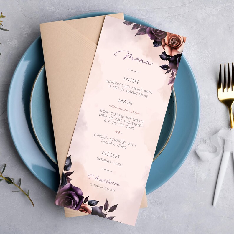 Pink Floral Menu Template | Editable in Canva | Dark Vintage Roses ...