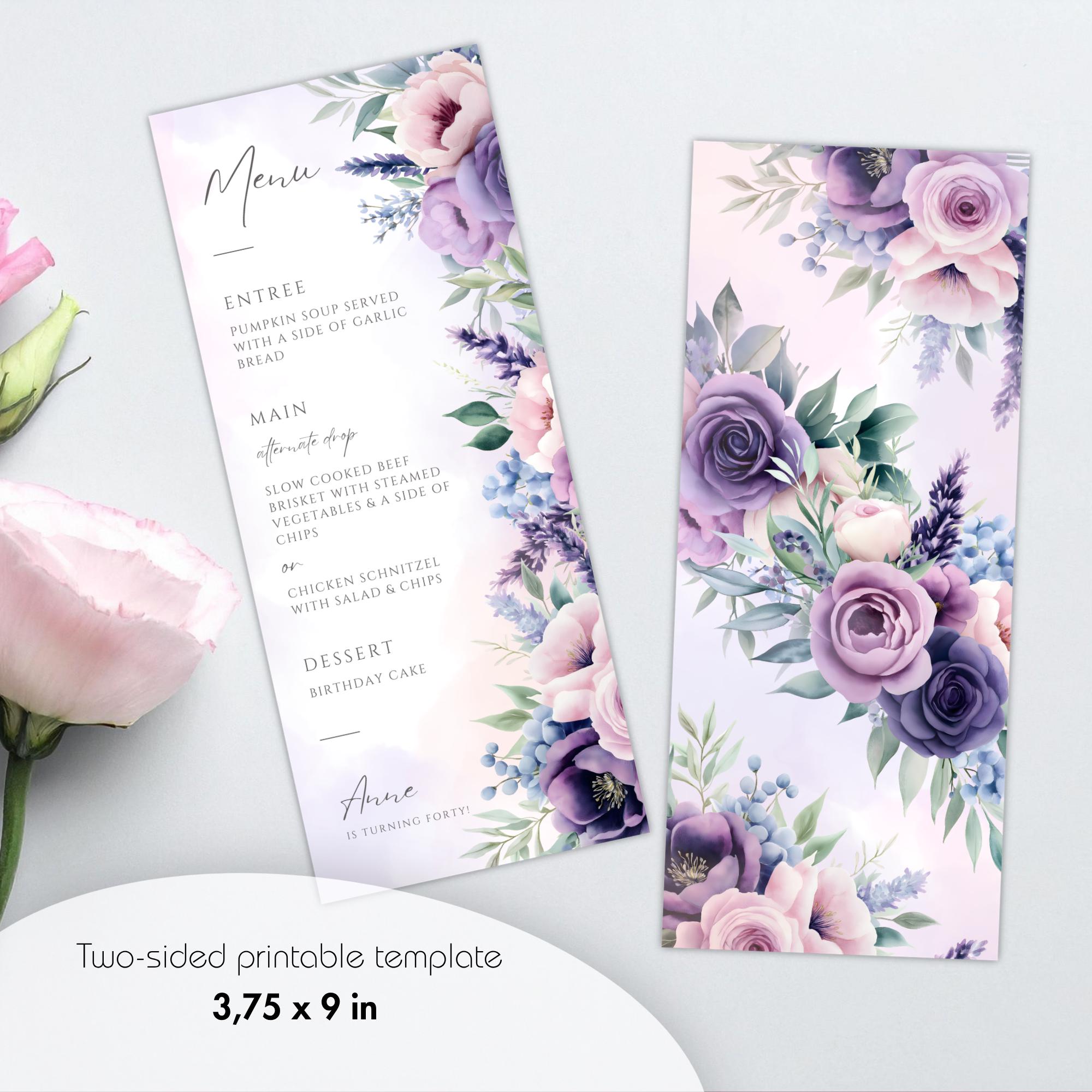 Floral Birthday Menu Template – Purple Rose, Editable Canva (digital ...
